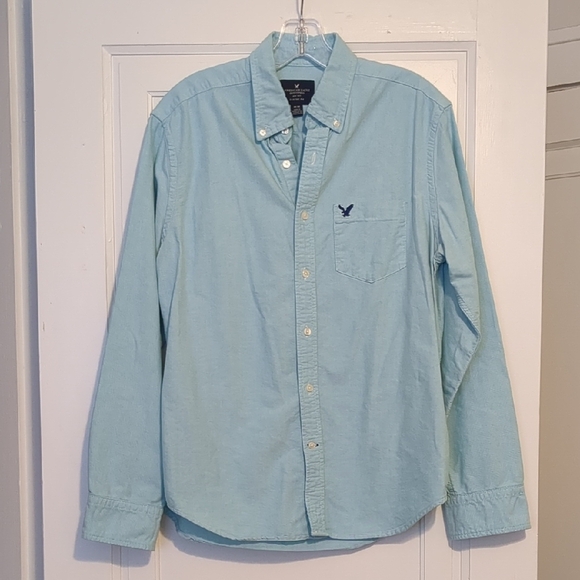 Men's Oxford American Eagle Light Blue Turquoise Button-Down Shirt - Picture 1 of 4